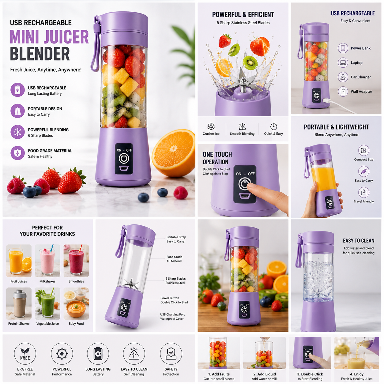 USB Rechargeable Mini Juicer Blender – Portable Personal Blender for Smoothies, Shakes & Juice On the Go