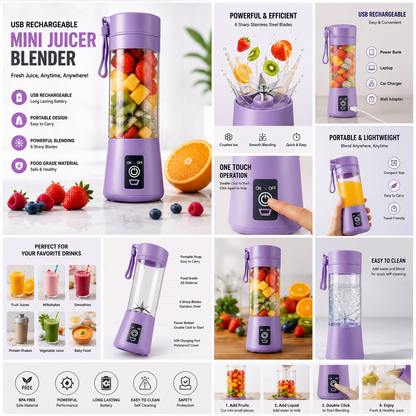USB Rechargeable Mini Juicer Blender – Portable Personal Blender for Smoothies, Shakes & Juice On the Go