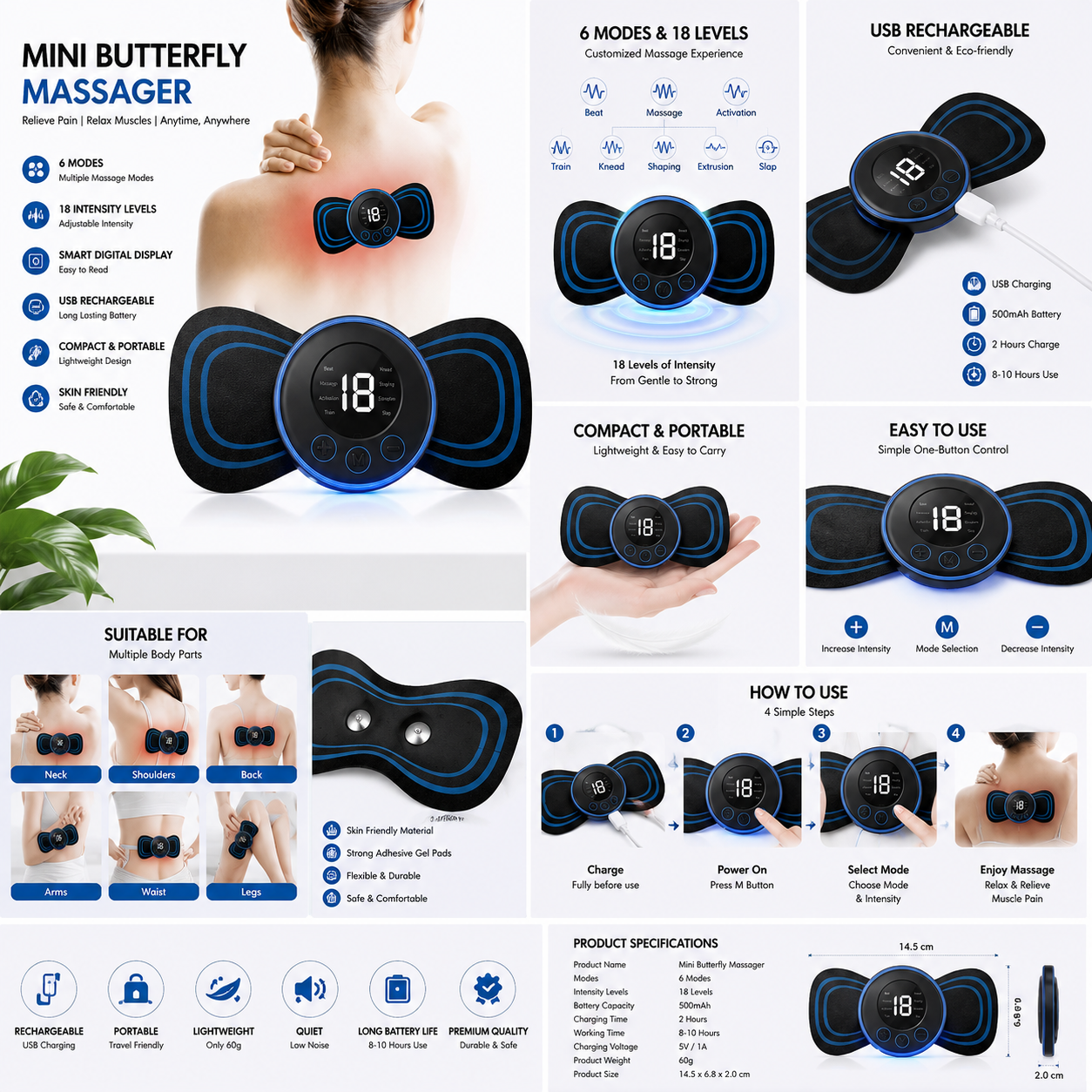 Mini Butterfly Massager – Wireless EMS & TENS Muscle Relief Pad for Neck, Back & Shoulders