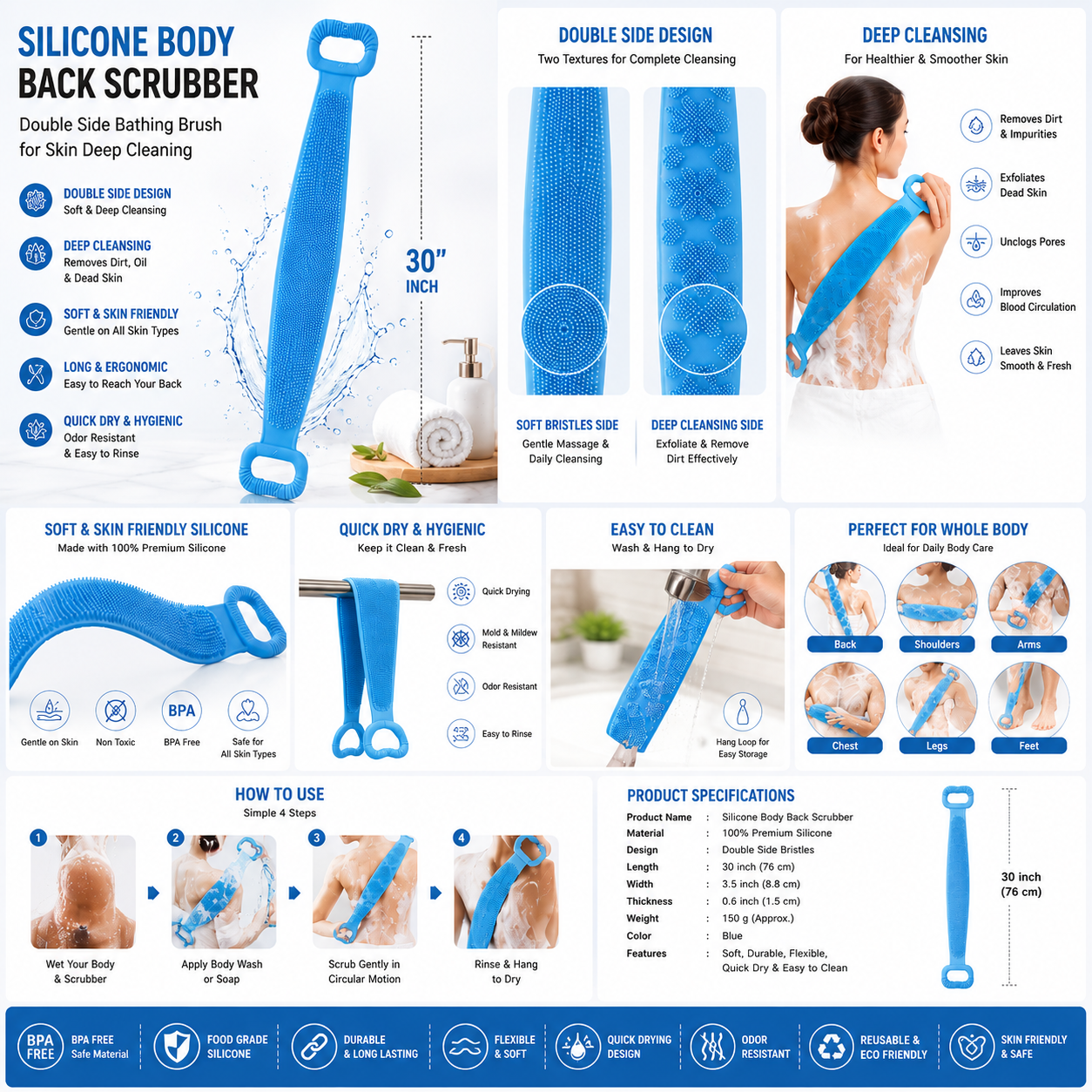 Silicone Body Back Scrubber – Double-Sided Exfoliating Bath Brush for Deep Skin Cleaning