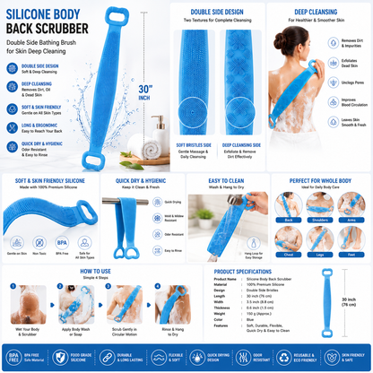Silicone Body Back Scrubber – Double-Sided Exfoliating Bath Brush for Deep Skin Cleaning