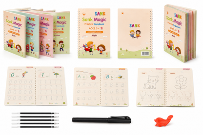 Sank Magic Practice Copybook Set – 4 Reusable Handwriting Books with Magic Disappearing Ink Pen