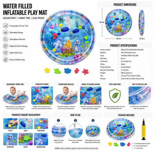 Inflatable Water Play Mat for Babies – Ocean Tummy Time Fun with Floating Sea Pieces