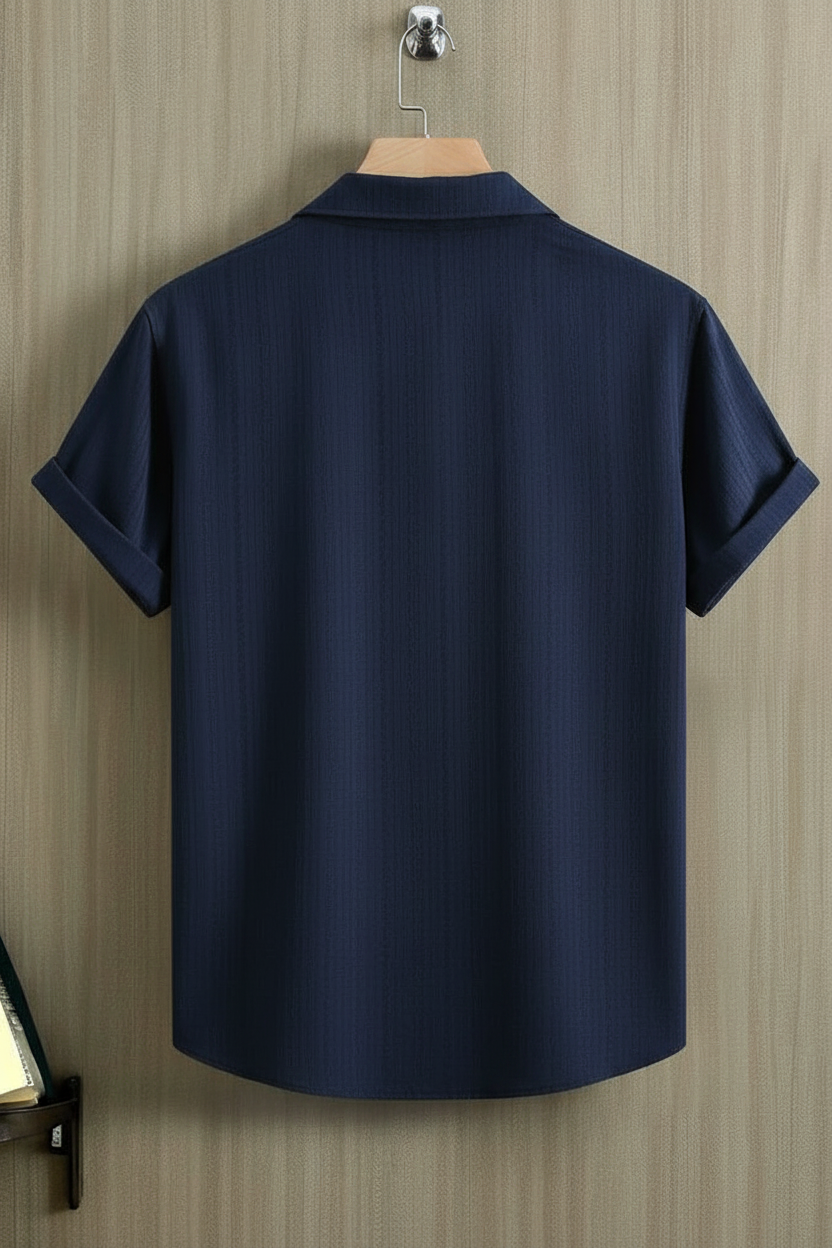 Navy Shirt - Back View Wood BG