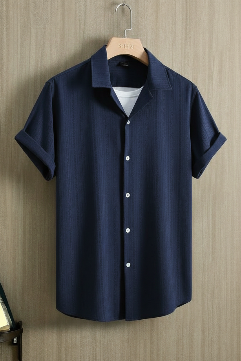 Navy Shirt - Side Angle Wood BG